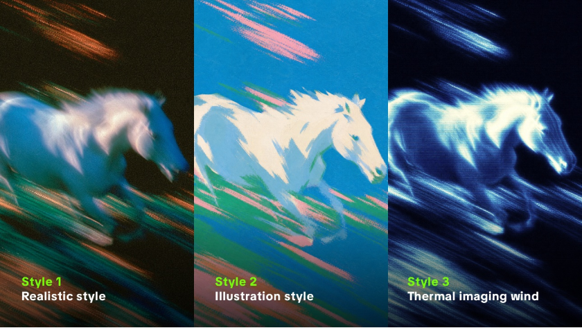3 different image styles of a white horse